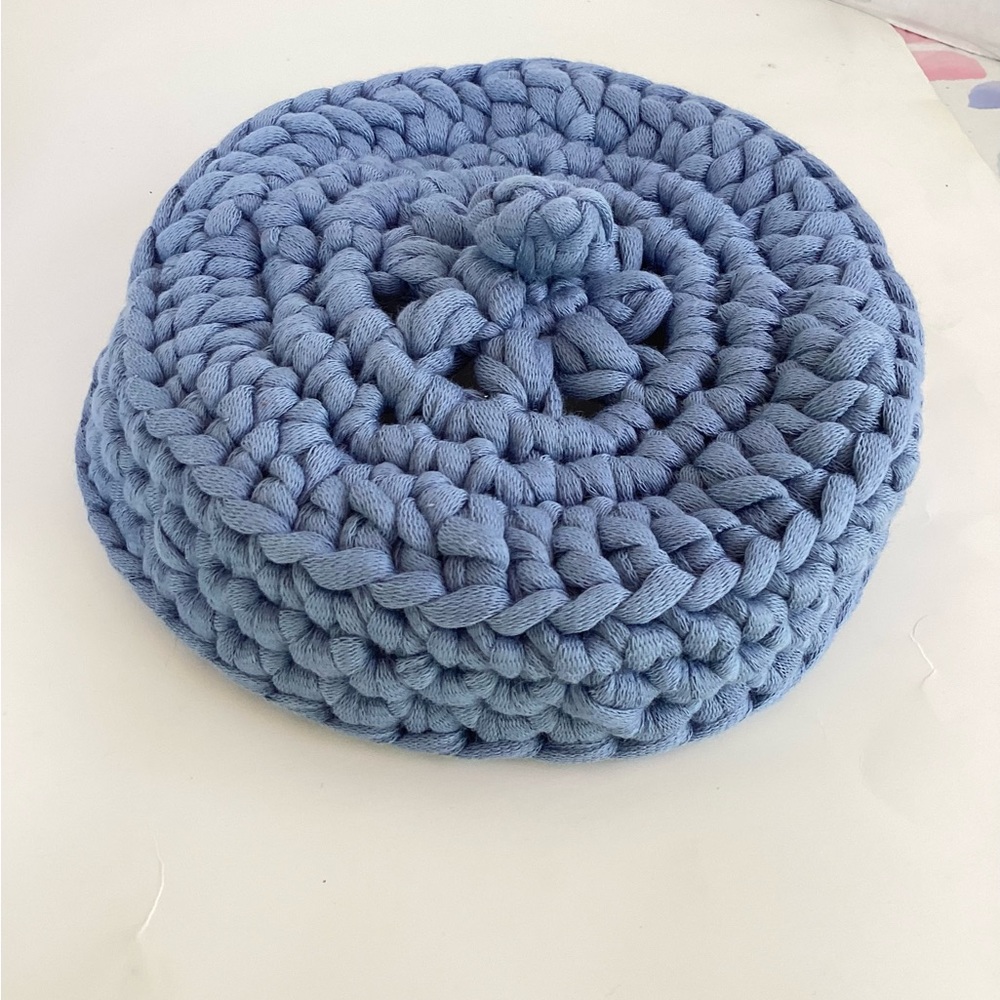 Bowl Lidded Hand Crafted Container Crochet Cotton Denim Blue Boho - Picture 8 of 16